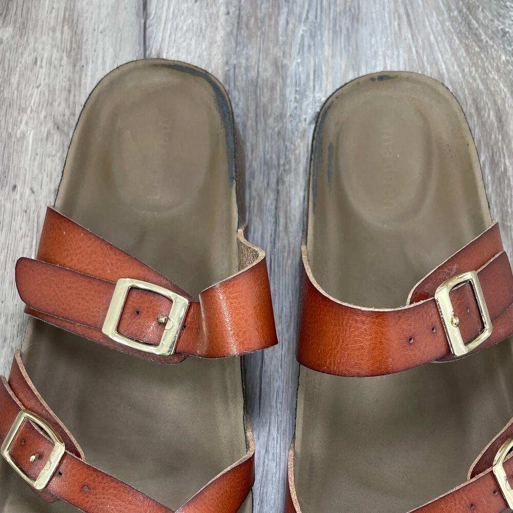Madden Girl 8 M Leather Slides Brown Gold Buckle Criss Cross Slip on Sandals - Picture 8 of 13